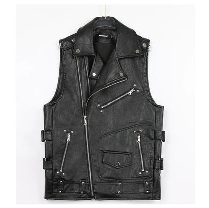 Autumn Black Motorcycle Pu Leather Vest Men Zipper Pockets Plus Size Faux Leather Biker Sleeveless Jacket 4xl 5xl