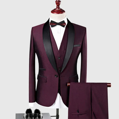 Royal Blue/Burgundy Man Suits Classic Black Lapel Wedding Suits 3 Pieces (Jacket+Pants+Vest)