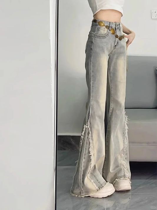 Vintage Casual Trashy Flared Pants Women's Y2K Tassels Full Length Denim Trouser Street Retro Grunge 2000s High Waist Jeans