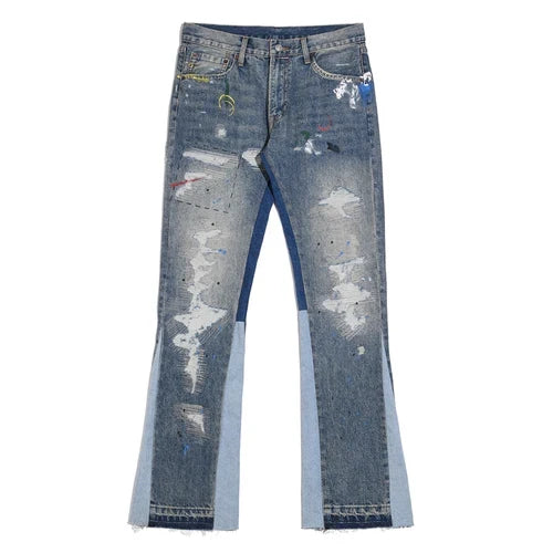 Blue Speckle Ink Washed Flared Jeans Slim Fit Hip Hop Graffiti Ripped Denim Pant Men Streetwear Vintage Wide Leg Jean Pants Y2k