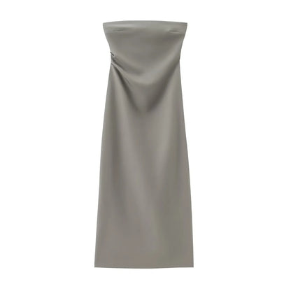 Women Fashion Summer New Sexy Split Back Zip Pleated Sleeveless Strapless Dress Chic Female French Elegant Evening