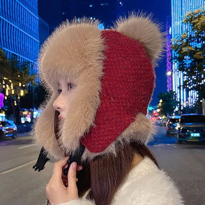 Russian Hat Ushanka Thick Warm Fluffy Fur Hat Women Snow Ski Earflap Cap Female Knitted Hat Skullies Beanies Bomber Hats