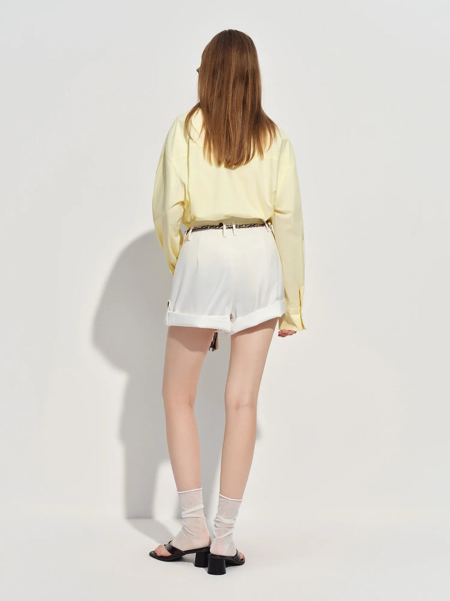 Women's French Loose Fit Cotton Shirt Long Sleeve Layering Top with Web Strap Detail Casual Oversized Blouse