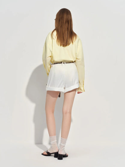 Women's French Loose Fit Cotton Shirt Long Sleeve Layering Top with Web Strap Detail Casual Oversized Blouse