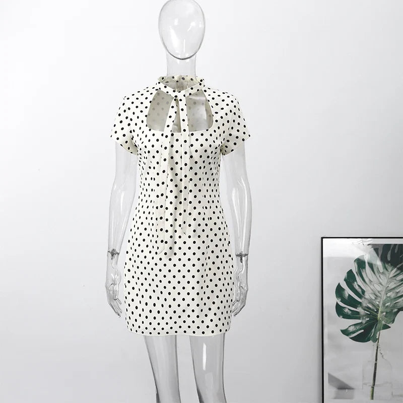 Fashion Lace Up Polka Dot Mini Dress Women Square Collar Short Sleeve Satin Party Dresses2026 Summer Lady Elegant Beach Robe New