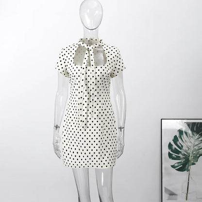 Fashion Lace Up Polka Dot Mini Dress Women Square Collar Short Sleeve Satin Party Dresses2026 Summer Lady Elegant Beach Robe New