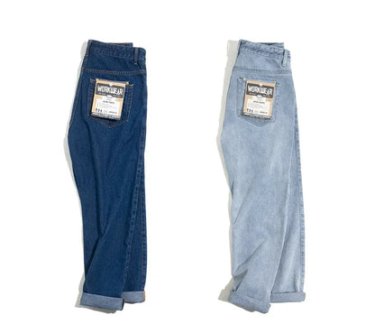 Men Vintage Washed Denim Jeans 12.8 OZ Straight Dark Blue Loose Casual Wide Leg Pants Male Streetwear Blue Jeans Trousers