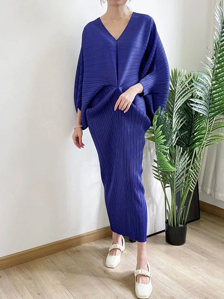 Fold Elegant Pleated V-neck Batwing Elastic Sleeve Mid-calf Dress Women Loose Solid Color 2025 Summer Female New Clothing
