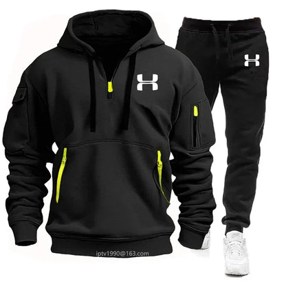 Men's autumn and winter new zipper long sleeved hooded sweatshirt, sports and casual pants, two-piece fitness jogging suit