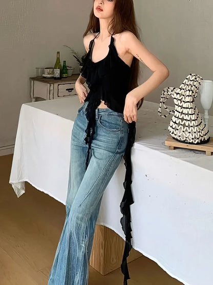 Sexy Y2k Vintage Thin Strape Ruffle Halter Crop Top Women Backless Basic Sleeveless T shirt Off shoulder Club Party Lady Tees