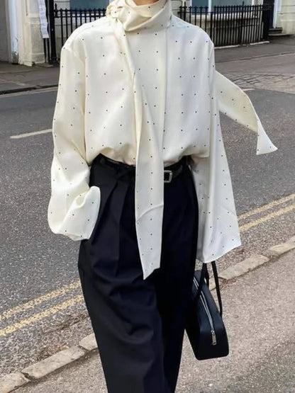 Satin Scarf Neck Polka Dot Printing Women Blouse Fashion Full Sleeve Loose Basic Shirt Lady Autumn New Highstreet Commute Wear
