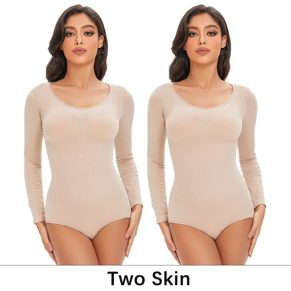 Spandex Elastic Body Suit Shapewear Women Body Shaper Tummy Control Long Sleeve Open Crotch Round Neck Seamless Shapers