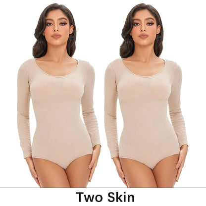 Spandex Elastic Body Suit Shapewear Women Body Shaper Tummy Control Long Sleeve Open Crotch Round Neck Seamless Shapers