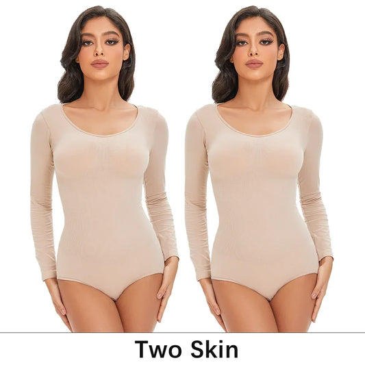 Spandex Elastic Body Suit Shapewear Women Body Shaper Tummy Control Long Sleeve Open Crotch Round Neck Seamless Shapers