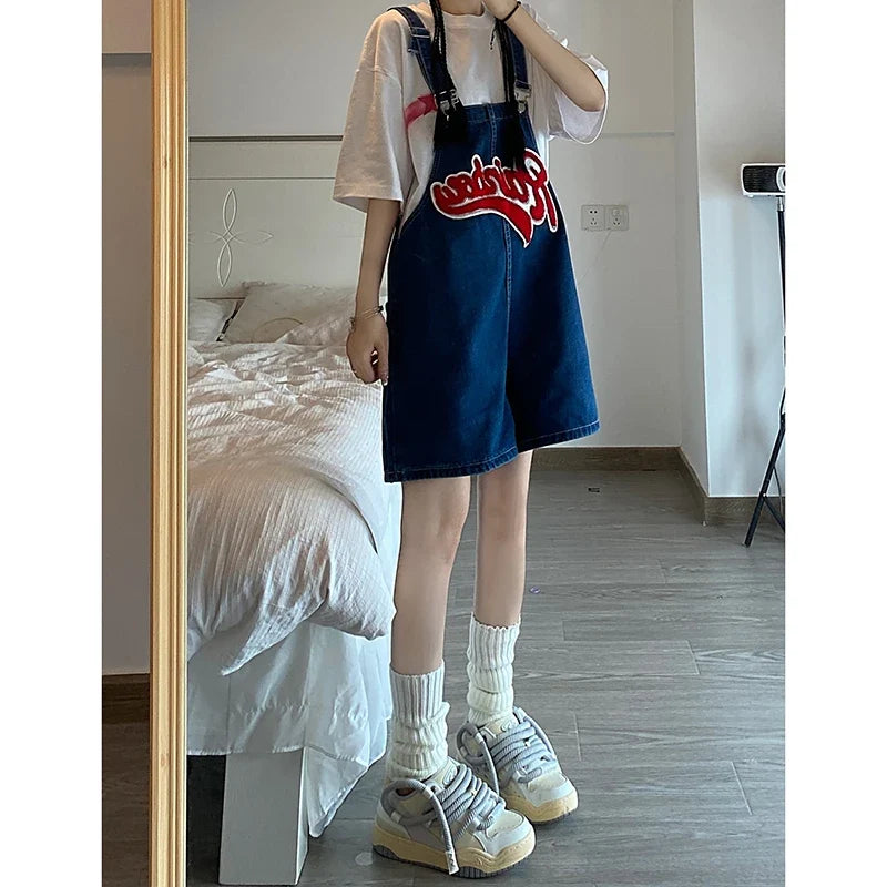 Women Streetwear Kawaii Denim Shorts Overalls Lady Fashion Embroidery Oversize Wide Leg Jeans Female Y2k Clothes Deep Blue Pants