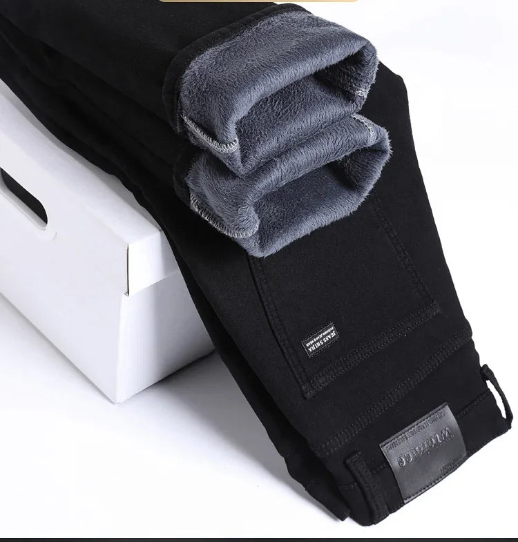 Men New Winter Classics Fleece Thick Warm Jeans Men's Loose Straight Elastic Denim Pants Casual Plush Trousers Large Size 28-40