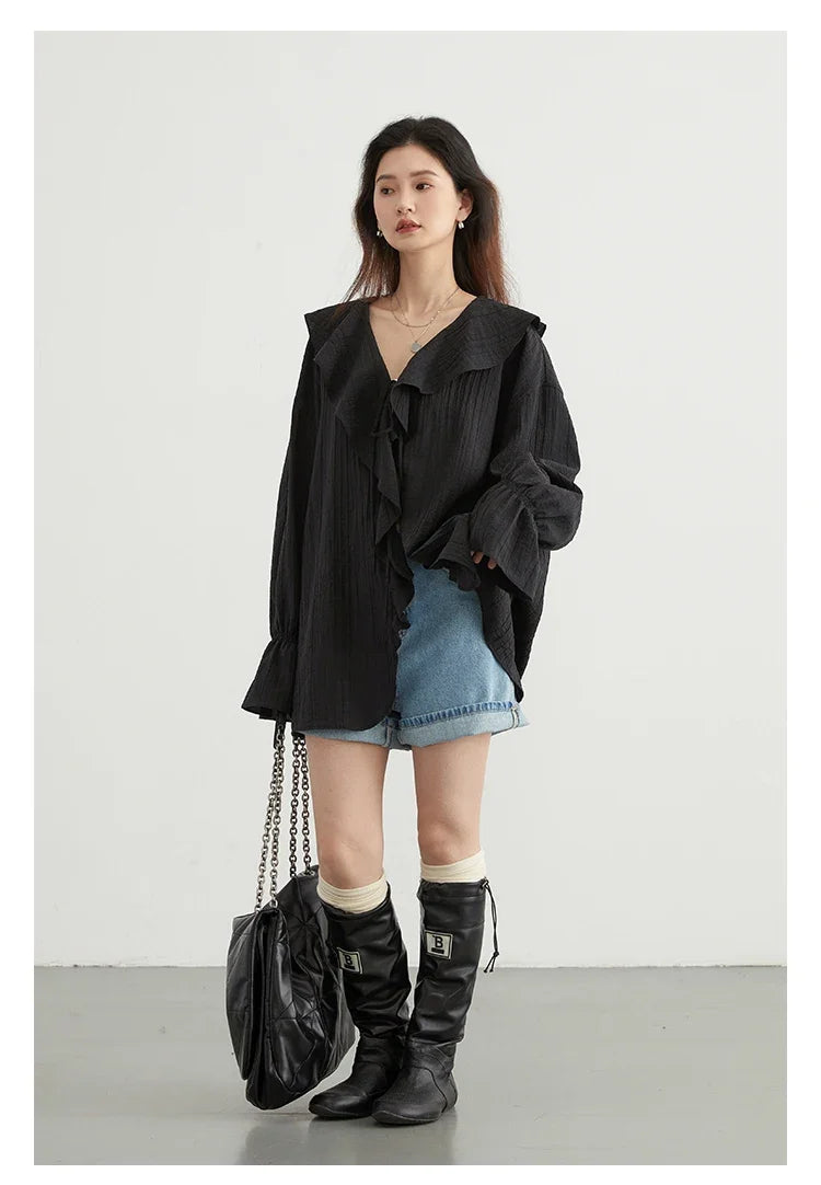 Women Shirt Loose Casual Ruffled Edges Female Blouses Solid V Neck Lace Up Mid Length Ladies Shirts Spring Summer 2026