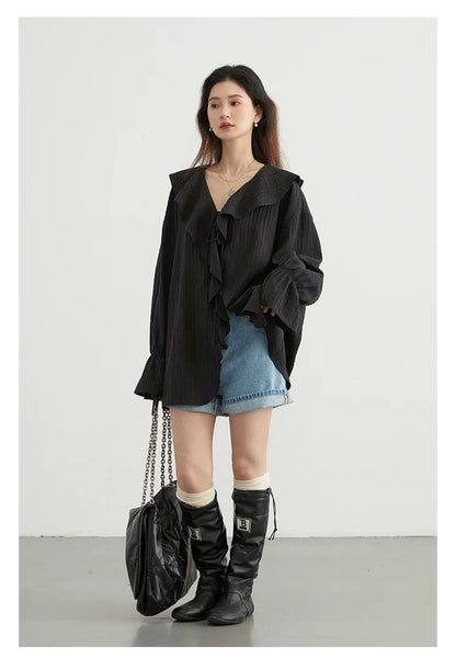Women Shirt Loose Casual Ruffled Edges Female Blouses V Neck Lace Up Mid Length Woman Shirts Spring Summer 2026
