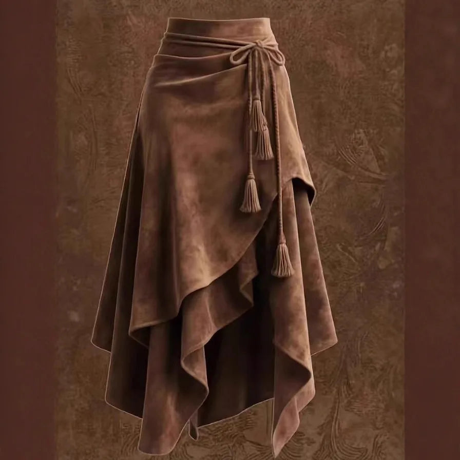 2026 تنورة خريفية Melard Coffee من جلد الغزال للنساء غير منتظمة برباط وتصميم تنحيف على شكل حرف A متوسطة الطول على شكل مظلة