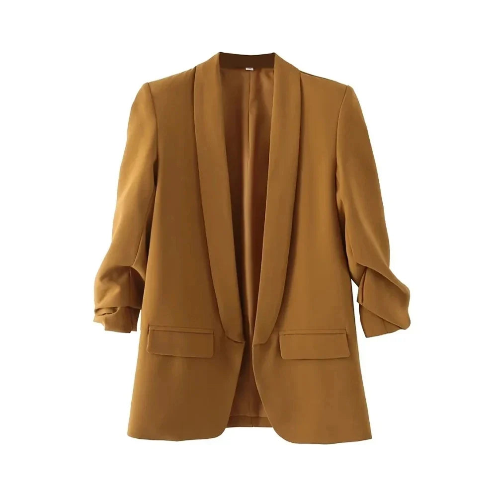 Women Fashion Office Wear Open Blazer Coat Vintage Long Pleated Sleeves Flap Pockets Female Outerwear Chic Tops