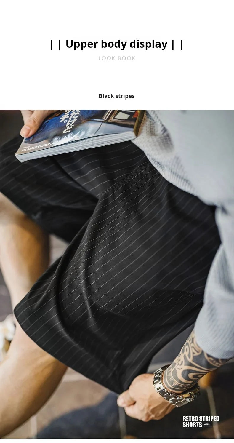 Men's Vintage Vertical Striped Suit Shorts Men's Summer Elastic Waist Straight Leg Office Shorts Business Casual Pants