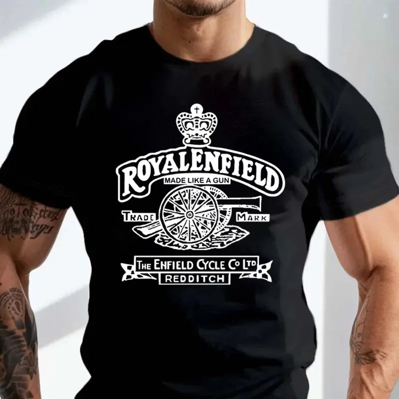Retro classic -Royal Enfield motorcycle gun-shaped logo -Men's and women's street fashion -Cotton round-neck short-sleeved shirt