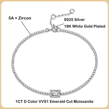 New In 1ct Emerald Cut Moissanite Diamond Bracelet for Women Wedding Fine Jewelry Real 925 Sterling Silver Link Bracelets