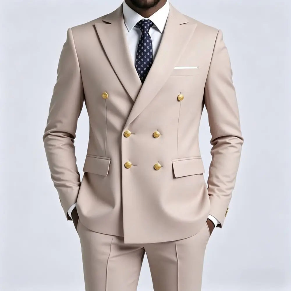 Mens Beige Slim Fit Double Breasted 2 Piece Formal Wedding Tuxedo Gold Buttons Flap Pockets Decorative Cuff Buttons Groom Prom