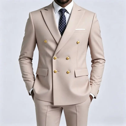 Mens Beige Slim Fit Double Breasted 2 Piece Formal Wedding Tuxedo Gold Buttons Flap Pockets Decorative Cuff Buttons Groom Prom