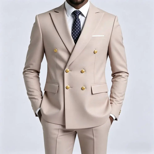 Mens Beige Slim Fit Double Breasted 2 Piece Formal Wedding Tuxedo Gold Buttons Flap Pockets Decorative Cuff Buttons Groom Prom