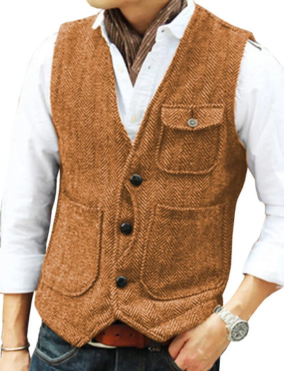 Men's Business Suit Vest Herringbone Tweed V Neck Formal Waistcoat for Wedding Suit or Tuxedo