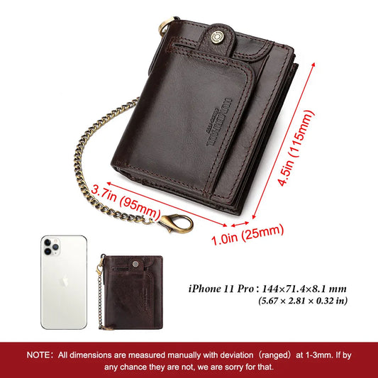 Portefeuille en Cuir Véritable pour Homme Blocage RFID Porte-cartes de Crédit Sac à Main Homme Court Bifold avec Fermeture Éclair Porte-monnaie et Chaîne Antivol