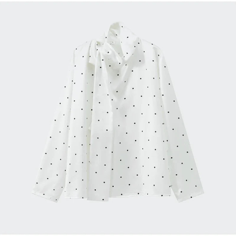 Satin Scarf Neck Polka Dot Printing Women Blouse Fashion Full Sleeve Loose Basic Shirt Lady Spring New Highstreet Commute Wears