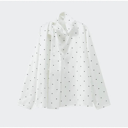 Satin Scarf Neck Polka Dot Printing Women Blouse Fashion Full Sleeve Loose Basic Shirt Lady Spring New Highstreet Commute Wears