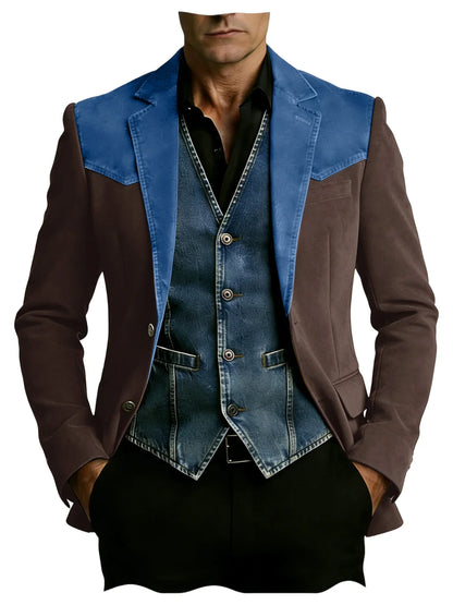 Men's Vintage Suede Blazer Notch Lapel 2 Button Denim Shoulder Collar Patch Jacket Business Casual Daily Wear Coat for Gentlemen