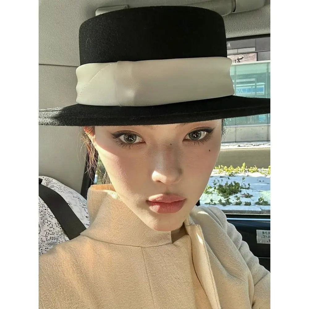 Fashion Formal Top Hat for Women Wide Brim Elegant Flat Felt Hat Retro Warm Fedoras Hats for Party