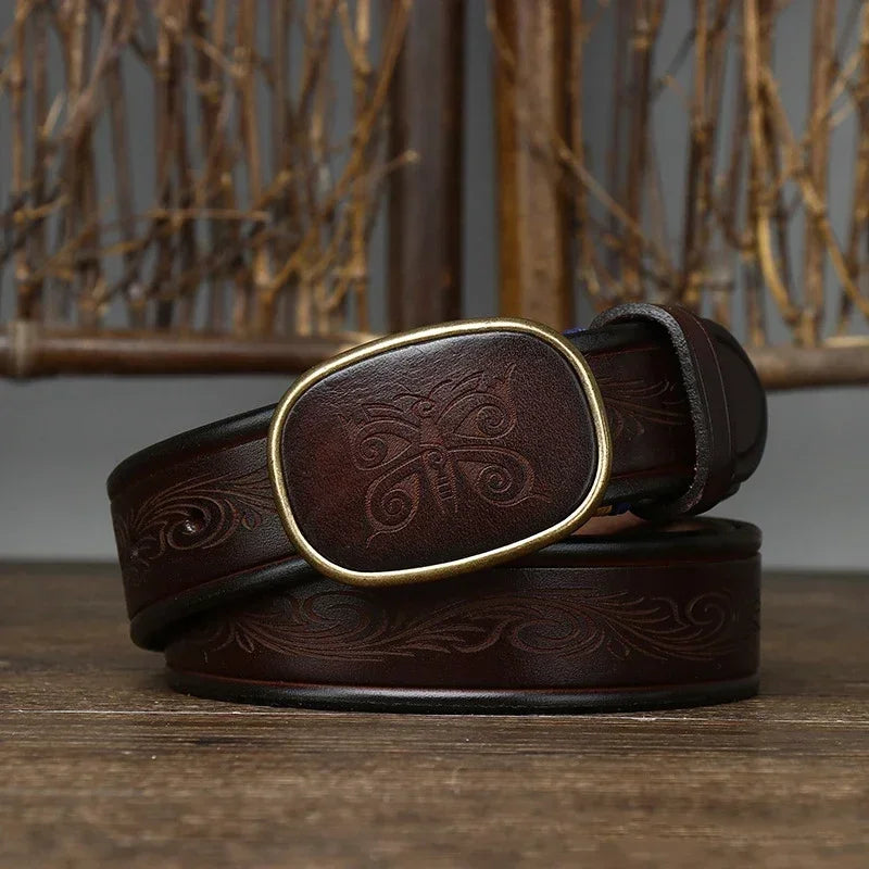3.5CM Pure Cowhide High Quality Genuine Leather Belts for Men Laser Engraving Strap Male Smooth Buckle Jeans Cowboy Luxury