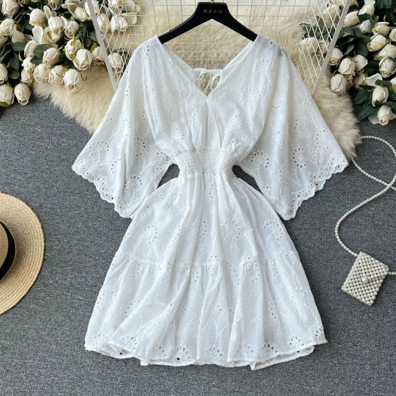 White/Purple/Blue V Neck Summer New Lace Embroidery Dress Women Short Sleeves Dresses Female Vintage Party Beach Midi Dresses