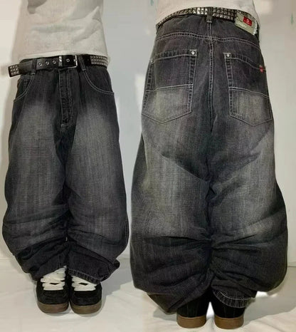 American New Fashion Oversize Pattern Embroidered Baggy Jeans Men Y2K Gothic Harajuku Hip Hop Straight High Waist Wide Leg Pants