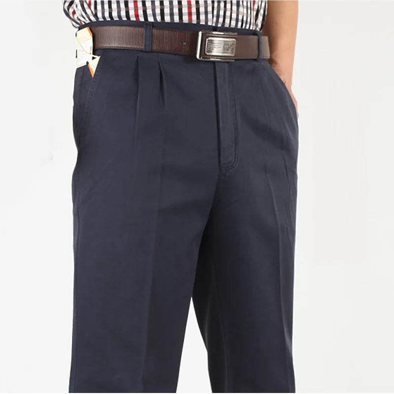 Double Pleated Straight Loose Casual Pants Men Classic Black Trousers High Waist Thick Autumn Cotton  Office Suit Pants 42 44 46