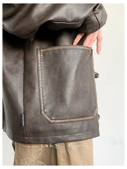 Spring Cool Oversized Vintage Distressed Pu Leather Jacket Men Elegant Luxury Designer Chinese Style Clothes 2024