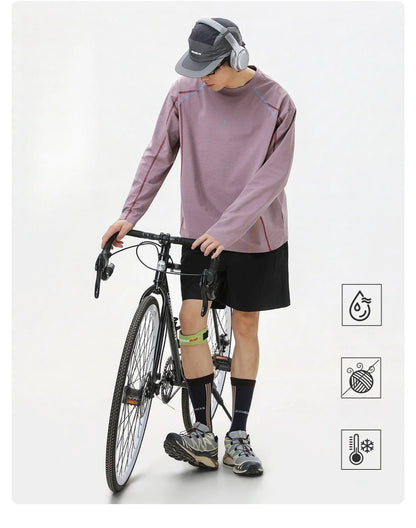 Men's Cool-Touch Contrast Stitch Long Sleeve T-Shirt – Loose Fit Moisture-Wicking Athletic Top for Autumn & Summer Sports