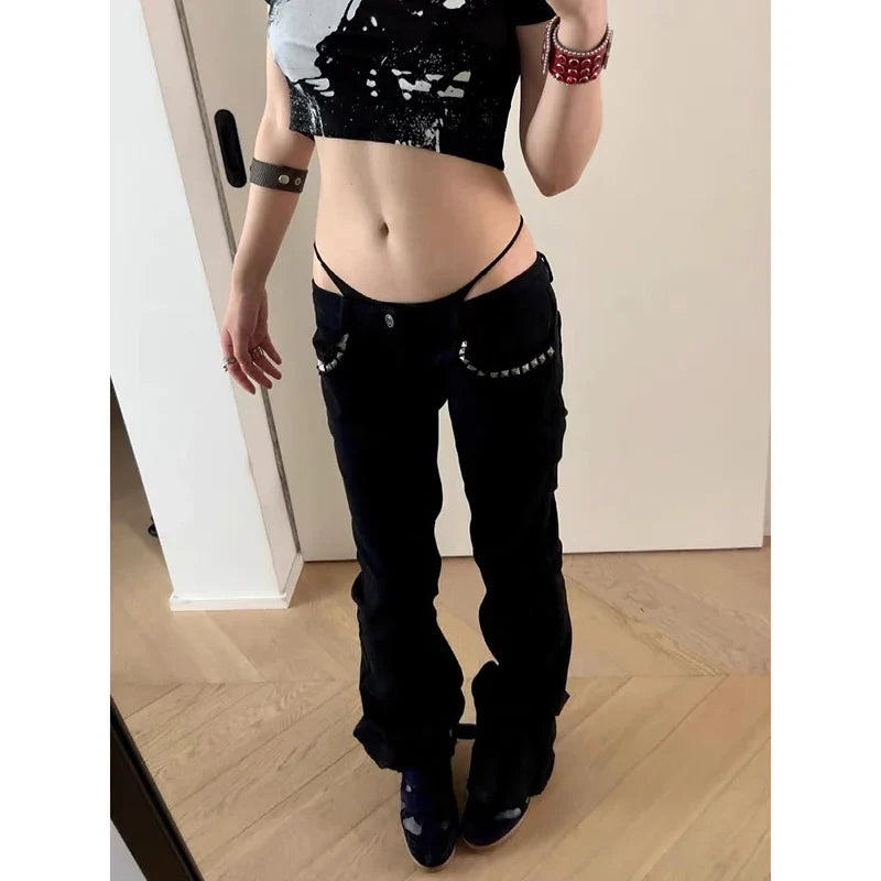 Women Low Rise Jeans Black Flared Denim Pants Gyaru American Retro Korean Cyber Punk Trumpet Jeans Y2k Skinny Bell Bottom