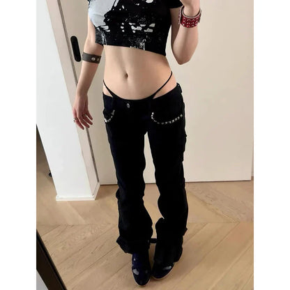 Women Low Rise Jeans Black Flared Denim Pants Gyaru American Retro Korean Cyber Punk Trumpet Jeans Y2k Skinny Bell Bottom