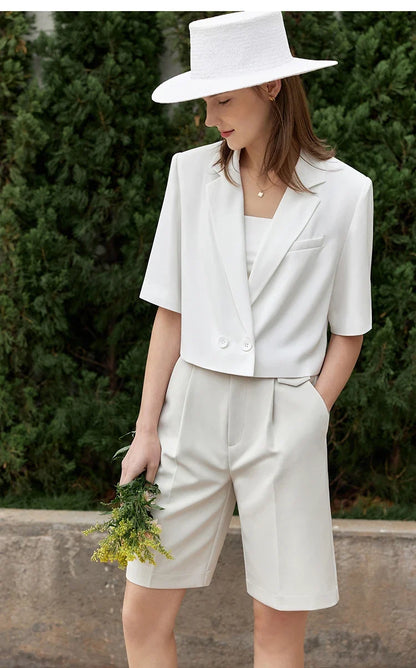 Minimalism Women's Jacket Casual Blazer 2024 Summer Shirts Office Lady Black Business Blazers Short Sleeve Tops 12322062
