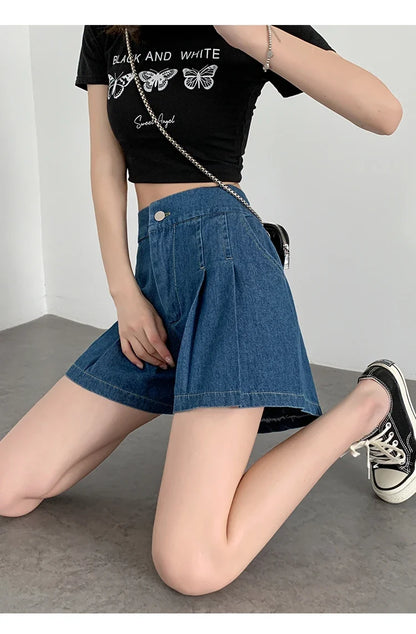 2024 Summer Plus Size Denim Shorts For Women High Elastic Waist Blue Or Sky Blue Pleated Mini Large Size Short Femme