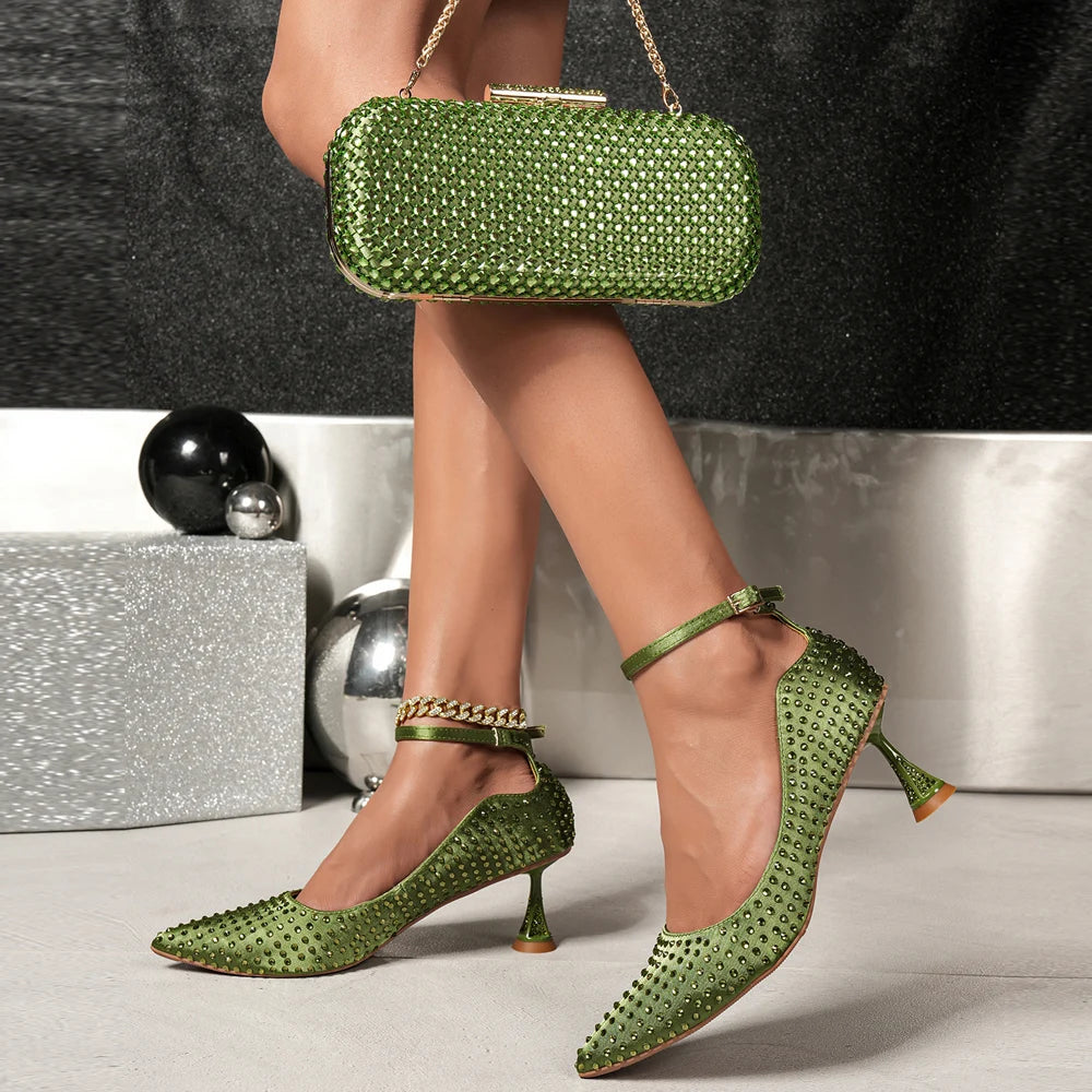 Elegant Italian Design Green Heels and Rhinestone Handbag Set for Nigerian Women - Perfect for Weddings and Parties