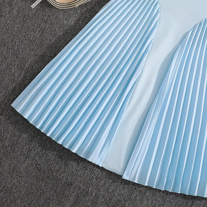 Girls 8-12 Light Blue Summer Casual Dress, Front Sleeveless Bow Decor High Waist Pleated Skirt, Daily Kids Outfit