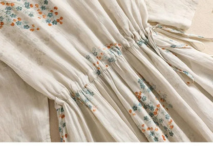 Dress Women Long Print Elegant Clothing Vintage Elastic Waist Korean Casual Beach Style V-Neck Fashion Robe Vestidos De Mujer