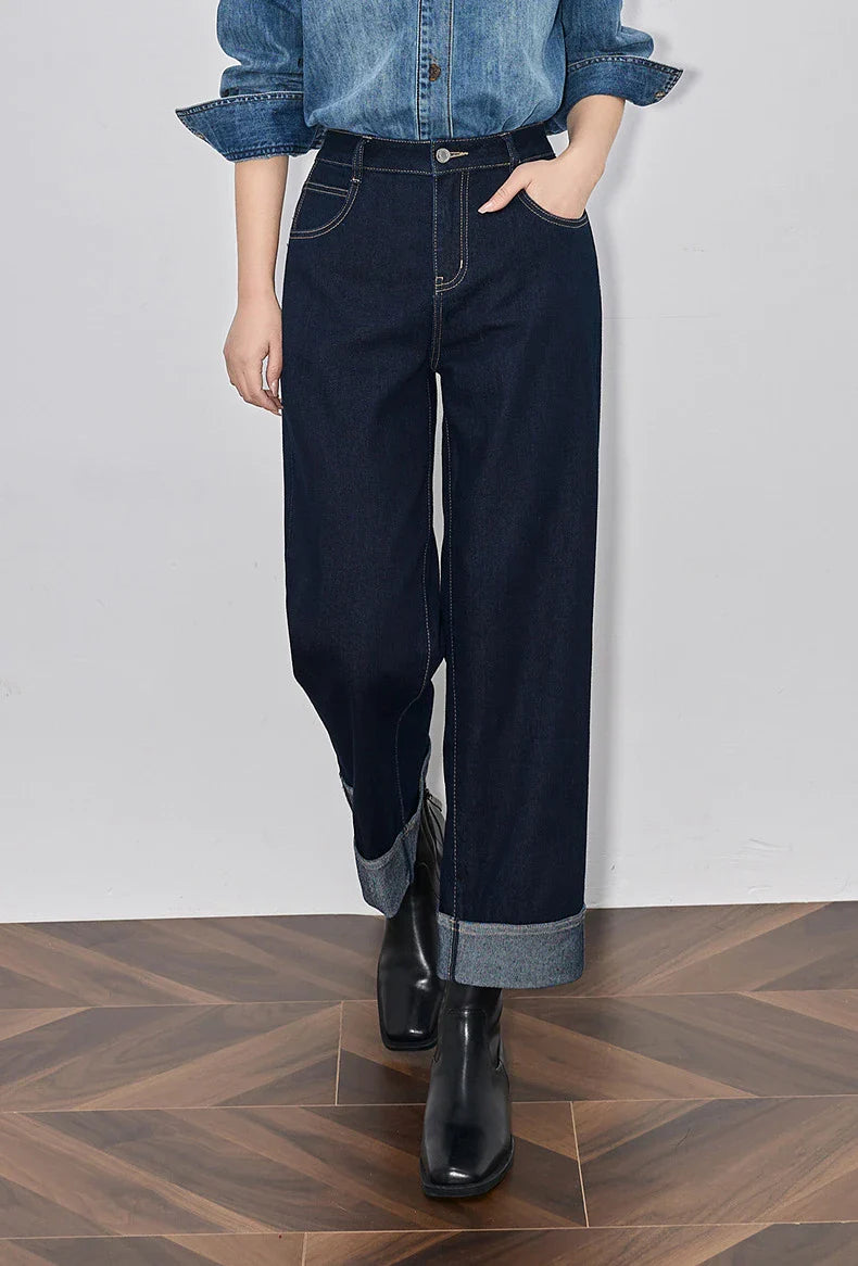 Women Denim Jeans 2025 Spring New Straight Wide Leg Rolling Up Ankle Length Cropped Pants